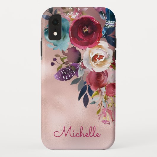 Chic Elegant Burgundy Pink Navy Blumenname Case-Mate iPhone Hülle (Rückseite)