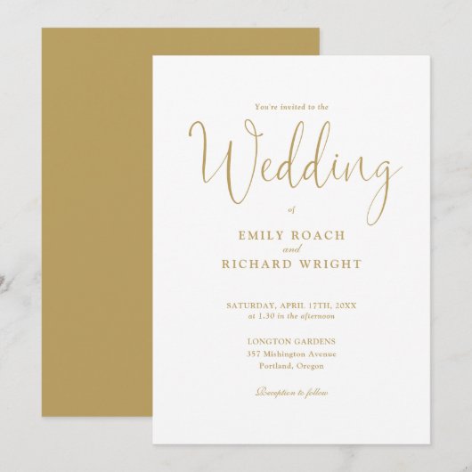 Chic Elegant Calligraphy Gold Script Wedding Einladung (Vorne/Hinten)