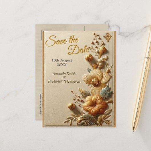 Chic, Elegant Creams & Leder Blume-Look Ankündigungspostkarte (Vorderseite/Rückseite Beispiel)