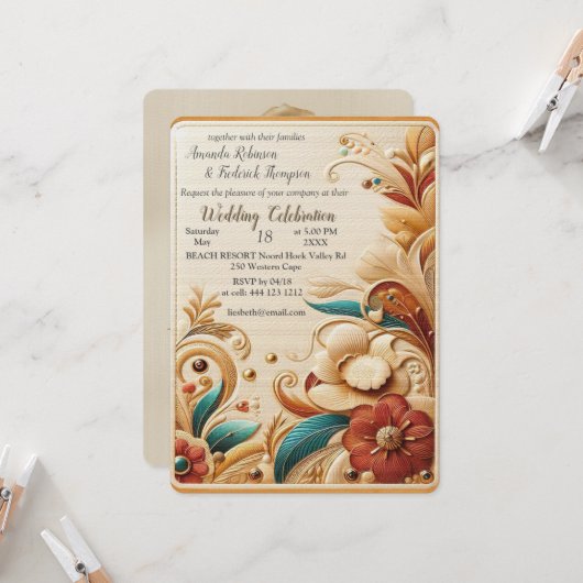 Chic, Elegant Creams & Leder Blume-Look Einladung (Vorderseite/Rückseite Beispiel)