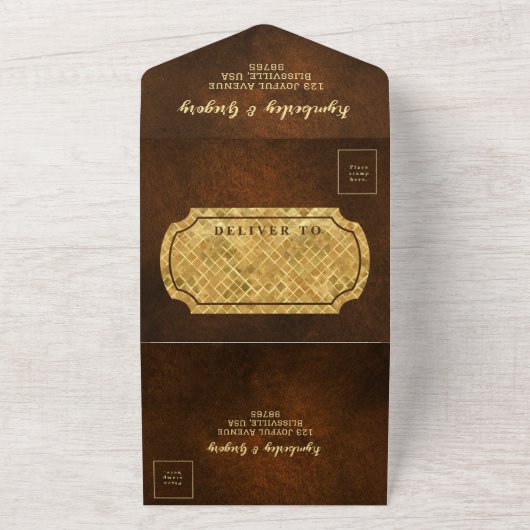 Chic Elegant Dark Brown Texture Gold Accent UAWG All In One Einladung (Außenbereich)