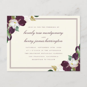 Chic Elegant Deep Lila & Elfenbeinblütenhochzeit Einladungspostkarte