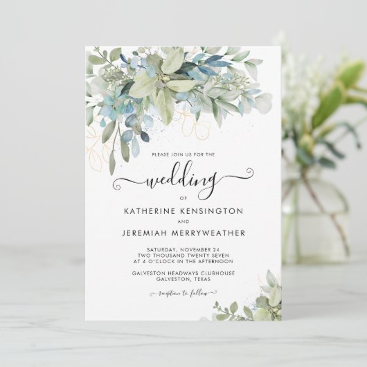 Chic Elegant Eucalyptus Greenerenerity Script Wedd Einladung (Stehend Vorderseite)