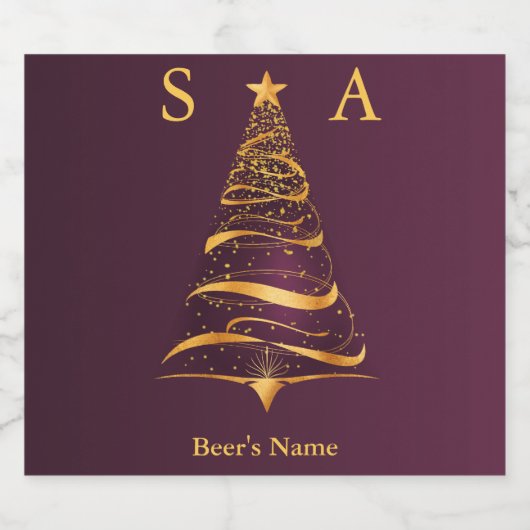 Chic Elegant Gold Christmas Tree Monogram Wedding Bierflaschenetikett (Einzelnes Label)