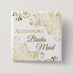Chic Elegant Gold Filigree Bridesmaid Name Tag Button