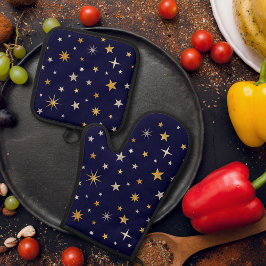 Chic Elegant Gold Silver Stars Navy Blauer Weihnac Ofenhandschuh & Topflappen-Set