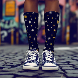 Chic Elegant Gold Silver Stars Navy Blue Monogram Socken