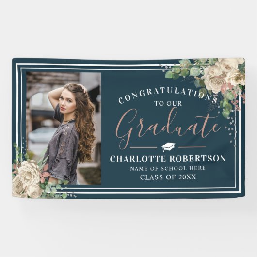 Chic Elegant Ivory & Blush Foto Abschluss Banner (Horizontal)