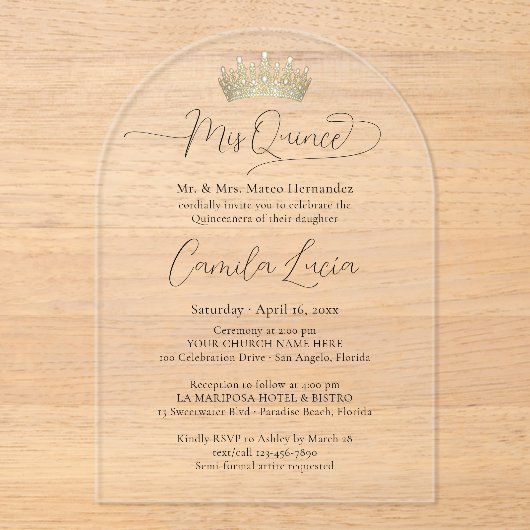 Chic Elegant Mis Quince Script & Quinceañera Crown Acryleinladungen (Vorderseite)