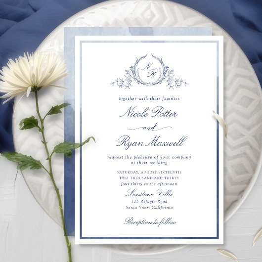 Chic Elegant Monogram Navy Blue Watercolor Wedding Einladung