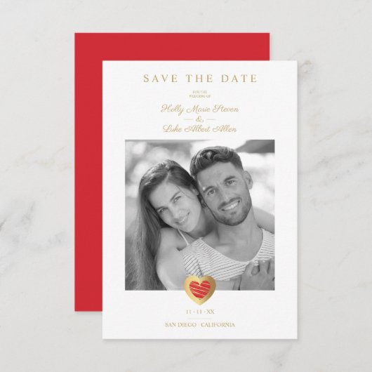 Chic Elegant Red & Gold Heart Photo Couple Wedding Save The Date (Vorne/Hinten)