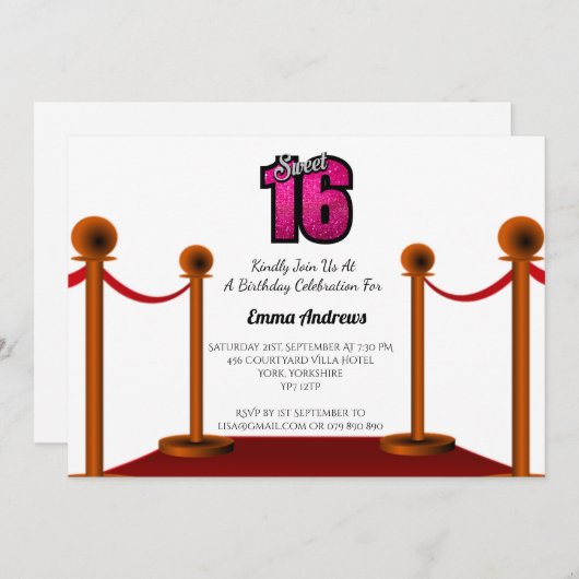 Chic Elegant Red Tepet Sweet 16 Party Einladung (Vorne/Hinten)