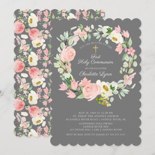 Chic & Elegant Rosa Rosa Blütenbraun Erste Kommune Einladung (Vorne/Hinten)