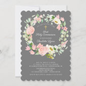 Chic & Elegant Rosa Rosa Blütenbraun Erste Kommune Einladung (Vorderseite)