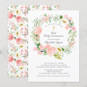 Chic & Elegant Rosa Rosa Blütenbraun Erste Kommune Einladung