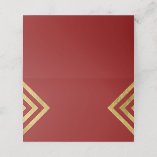 Chic Elegant Rot und Imitats Gold Geometric Platzkarte (Außenseite Aufgefaltet)