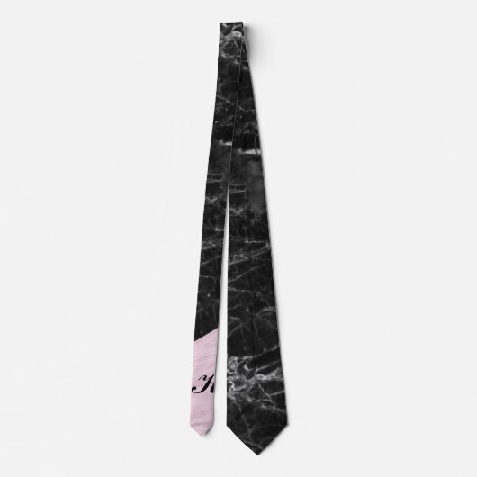 Chic Elegant Schwarz Rosa Marmor Mit Monogramm Krawatte (Rückseite)