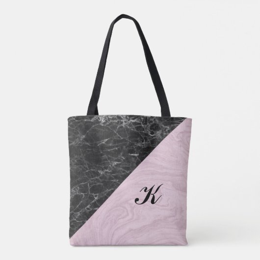 Chic Elegant Schwarz Rosa Marmor Mit Monogramm Tasche (Rückseite)