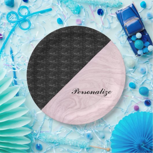 Chic Elegant Schwarz Rosa Marmor Personalisiert Pappteller (Party)
