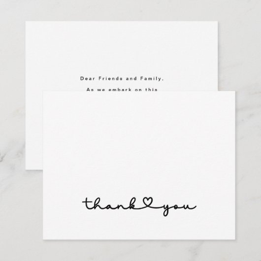 Chic Elegant Schwarz-weißes Script Herz Dankeskarte (Vorne/Hinten)