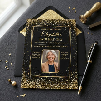 Chic Elegant Schwarzes und Gold Glitter 60. Geburt Einladung