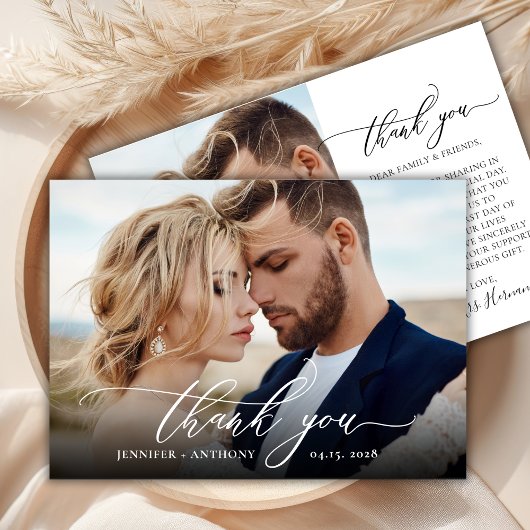 Chic Elegant Script 2 Foto Hochzeit Danke Karte