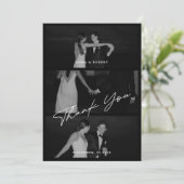 Chic Elegant Script Black 3 Foto Wedding Dankeskarte (Stehend Vorderseite)