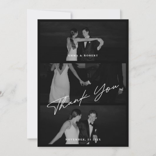 Chic Elegant Script Black 3 Foto Wedding Dankeskarte (Vorderseite)