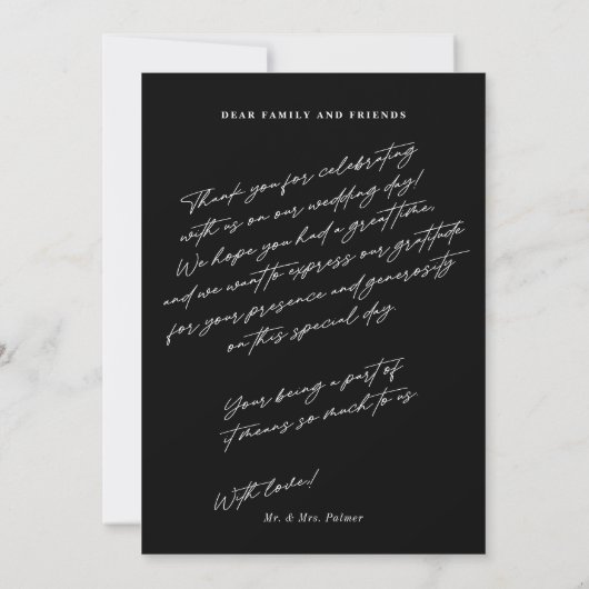 Chic Elegant Script Black 3 Foto Wedding Dankeskarte (Rückseite)