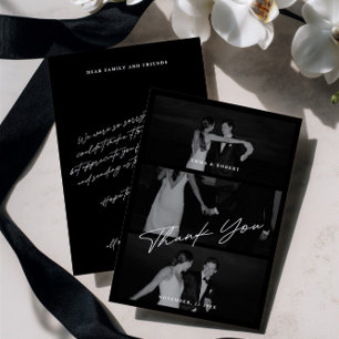 Chic Elegant Script Black 3 Foto Wedding Dankeskarte