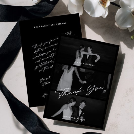 Chic Elegant Script Black 3 Foto Wedding Dankeskarte