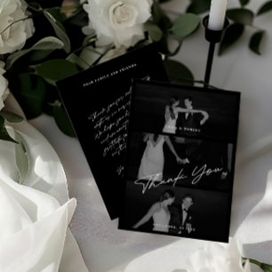 Chic Elegant Script Black 3 Foto Wedding Dankeskarte