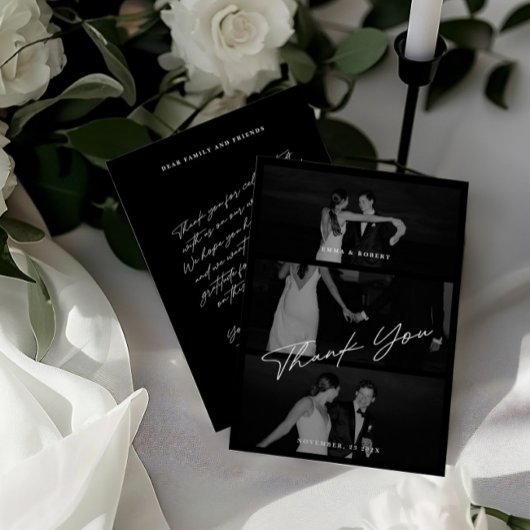 Chic Elegant Script Black 3 Foto Wedding Dankeskarte