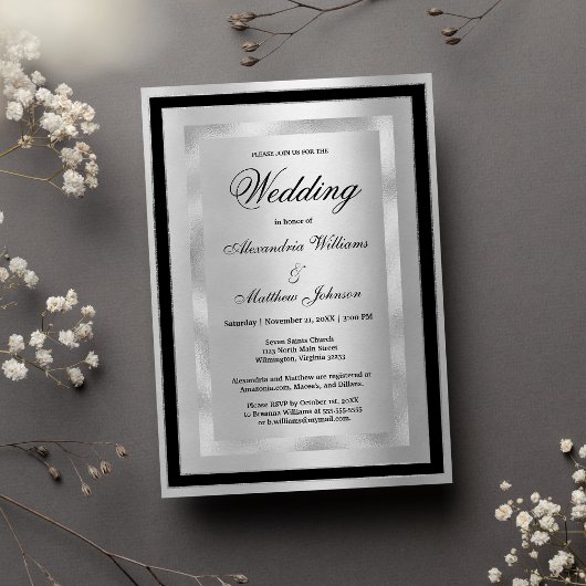 Chic Elegant Silver Black Glamour Luxury Wedding  Einladung
