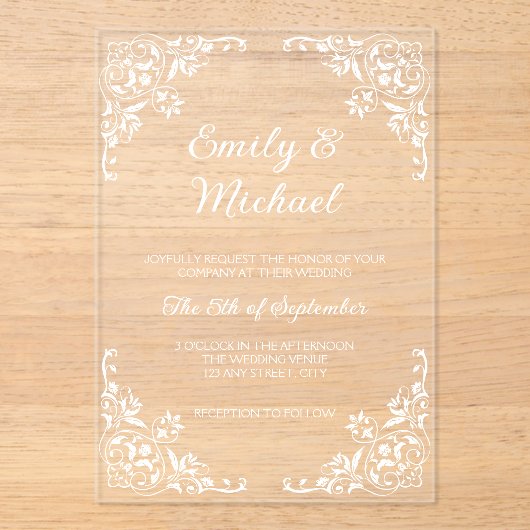 Chic Elegant Typografy Floral Wedding Acryleinladungen (Vorderseite)