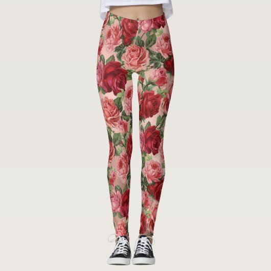 Chic Elegant Vintag Rosa Rote Rosen Blütenfarben Leggings (Vorderseite)