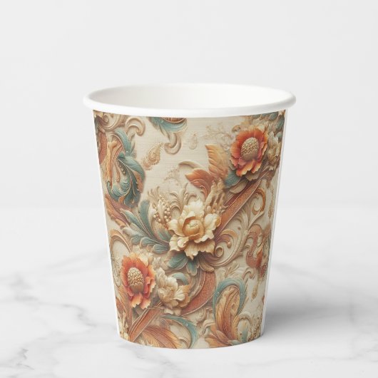 Chic,Elegante Creams & Leder Blume-Look Pappbecher (Rückseite)