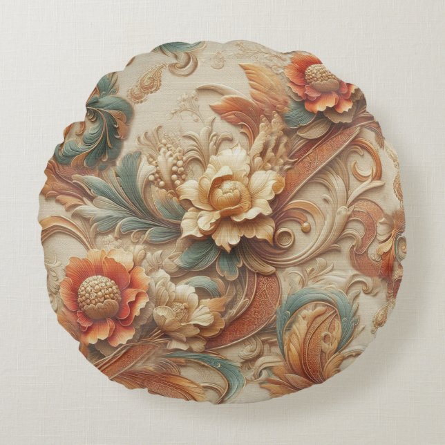 Chic,Elegante Creams & Leder Blume-Look Rundes Kissen (Vorderseite)