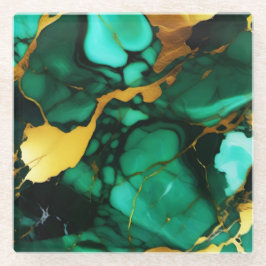 Chic Elegante dunkelgrüne, goldgelbe Imitate Marmo Glasuntersetzer