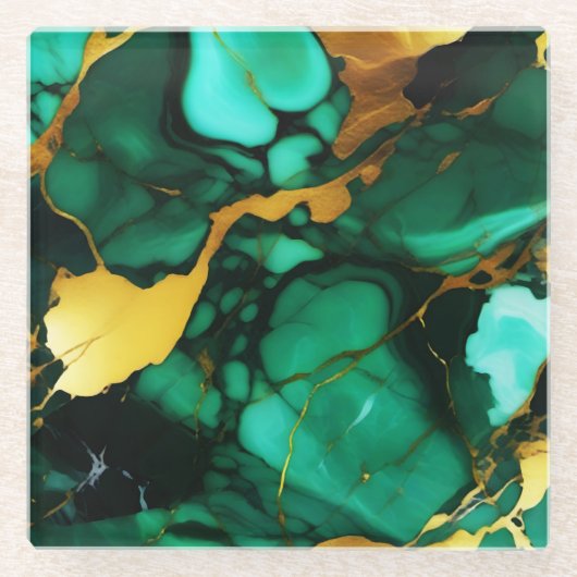 Chic Elegante dunkelgrüne, goldgelbe Imitate Marmo Glasuntersetzer (Vorderseite)