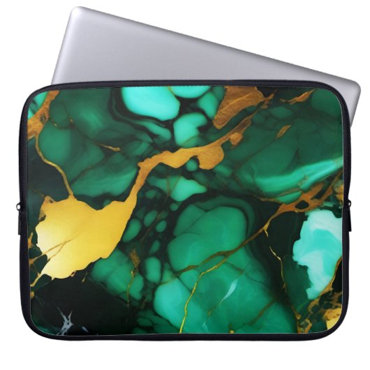 Chic Elegante dunkelgrüne, goldgelbe Imitate Marmo Laptopschutzhülle (Vorderseite)