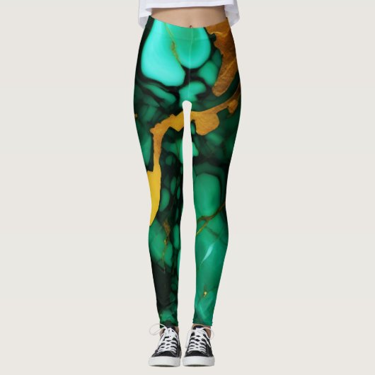 Chic Elegante dunkelgrüne, goldgelbe Imitate Marmo Leggings (Vorderseite)