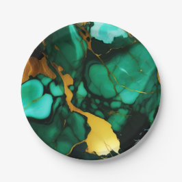Chic Elegante dunkelgrüne, goldgelbe Imitate Marmo Pappteller