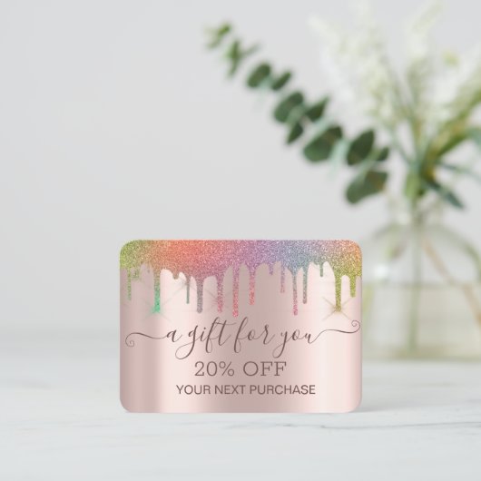 Chic Elegante Farbenfrohe Glitzer Tropfen Rose Gol Rabattkarte (Stehend Vorderseite)