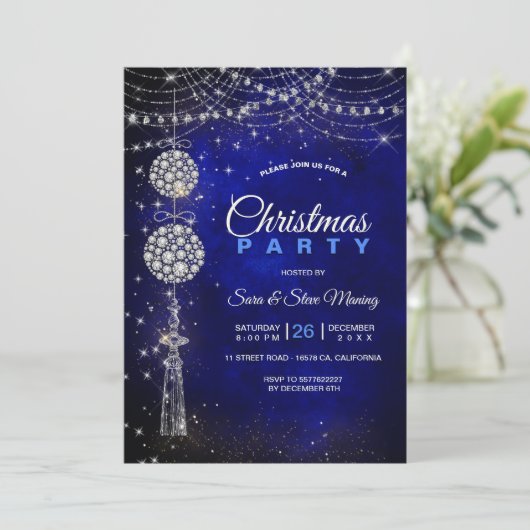 Chic elegante königsblaue Ornamente Weihnachten Einladung (Stehend Vorderseite)