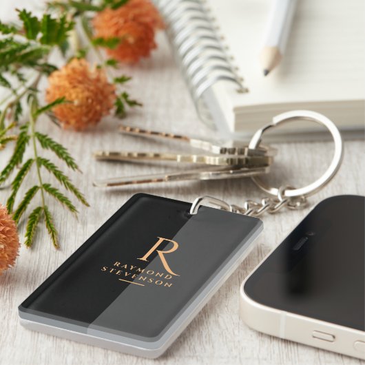 Chic Elegante Modernes Schwarzes Gold Mit Monogram Schlüsselanhänger (Vorderseite rechts)