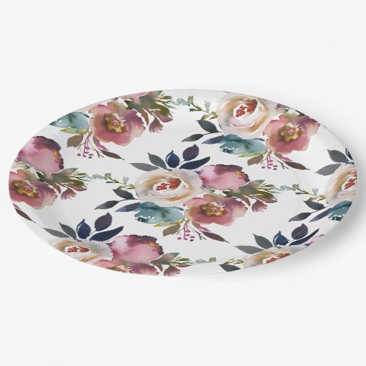 Chic Elegante Romantische Dunkle Rose Hochzeit Pappteller (Schrägansicht)