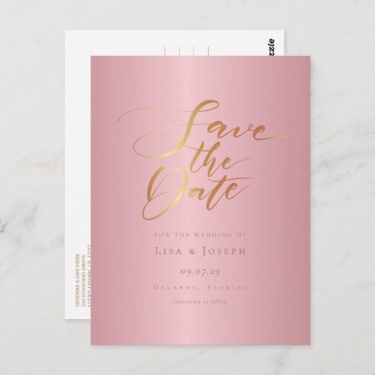 Chic Elegante Rose Gold Script Save the Date Postkarte (Vorne/Hinten)