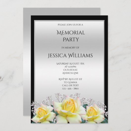 Chic Elegante Rose Silver Memorial Party Einladung (Vorne/Hinten)
