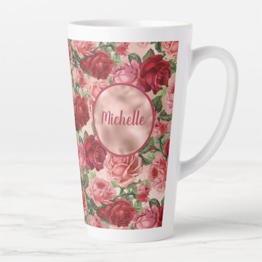Chic Elegante Vintag rosa Rote Rosen Blumenname Milchtasse (Rechts)